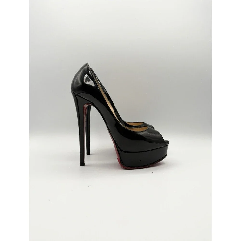 Christian Louboutin Black Patent Leather Lady Peep 150 Platform Heels Size EU 37